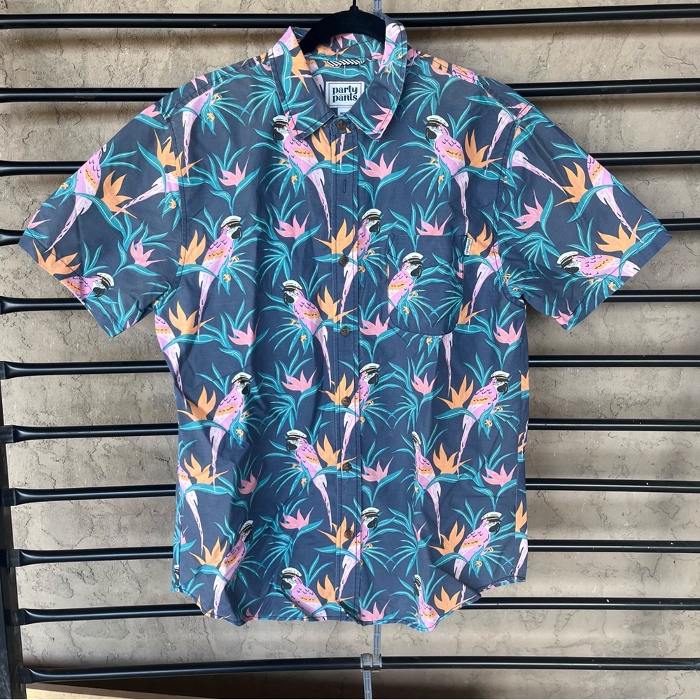 Party Pink Men's Parrot Print Casual Shirt - Blue and Pink